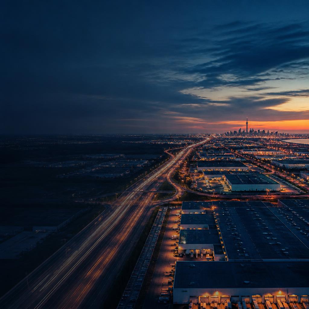 Aerial view of highways and industrial buildings across the Greater Toronto Area at blue hour