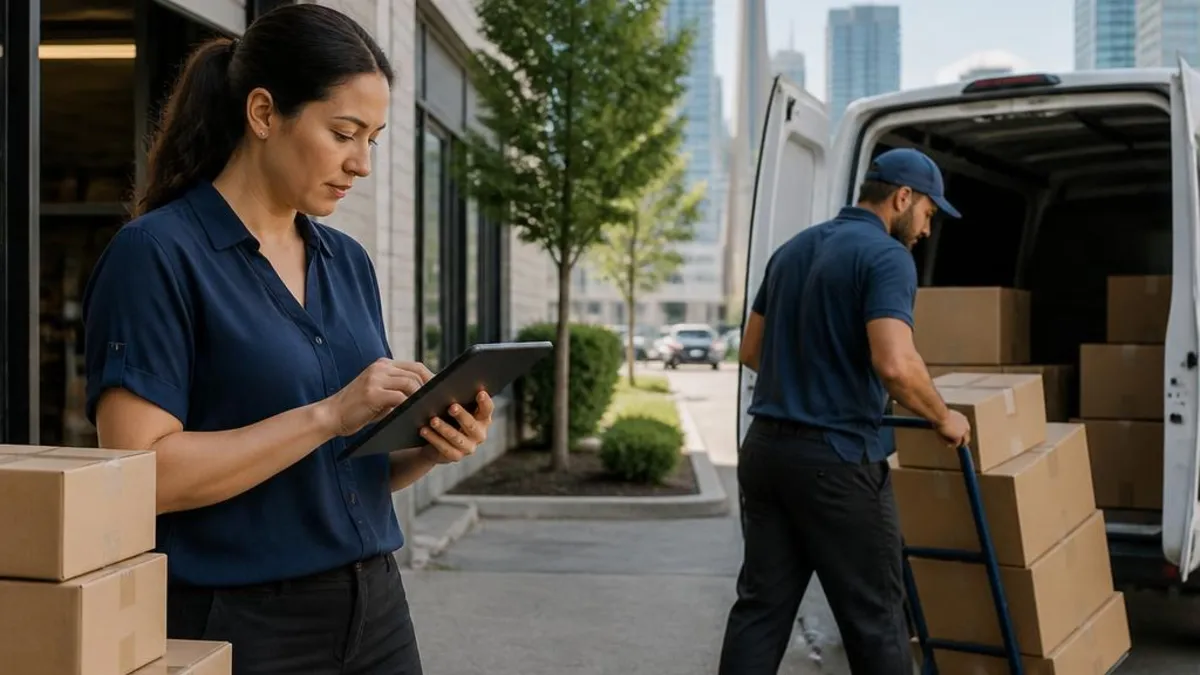A small-business operations manager hands packed cartons to a courier