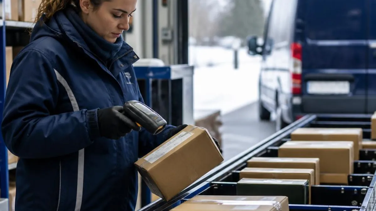 A warehouse worker scans parcels staged for local courier routes