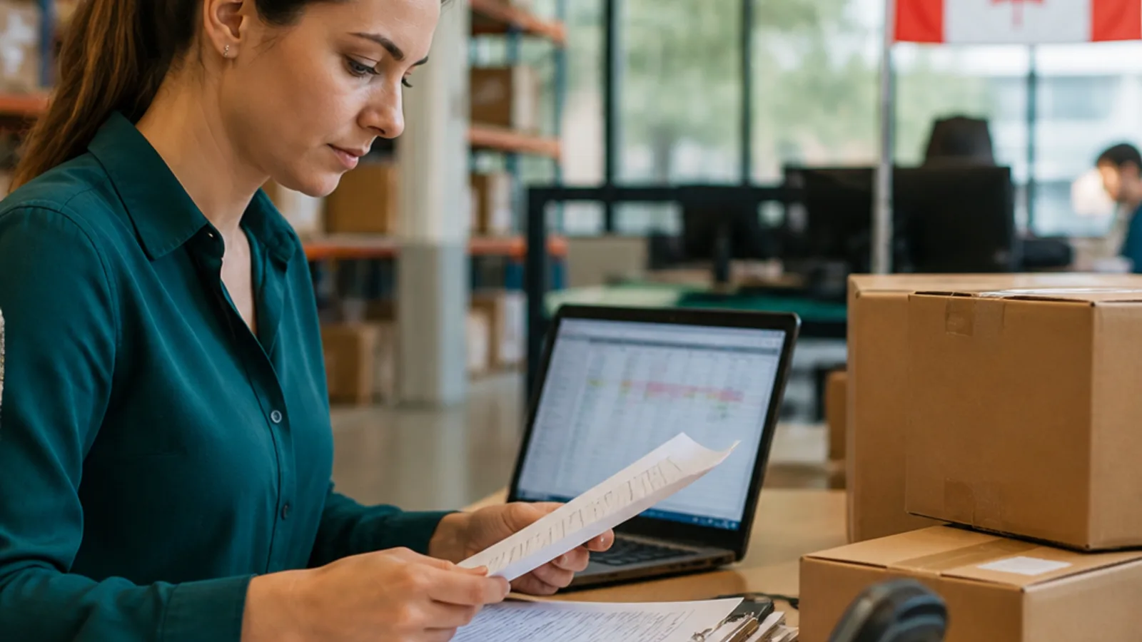 Logistics coordinator checking shipment records beside packed parcels