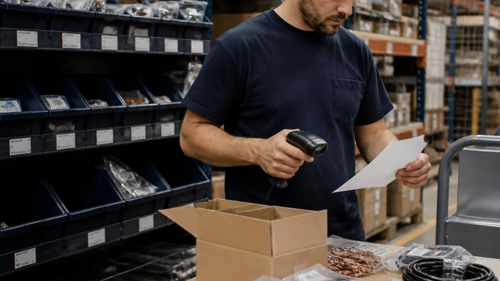 Warehouse associate checking kit components against a pick and assembly list