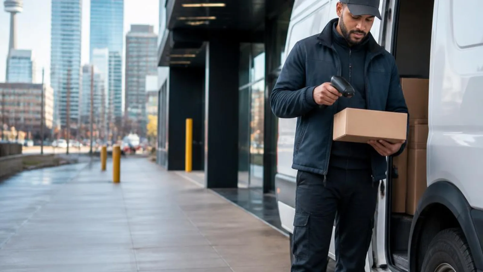 A courier prepares a parcel for local delivery beside a commercial vehicle